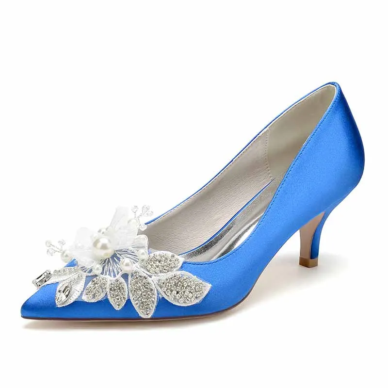 Women's Wedding Shoes Satin Kitten Heel Point Toe Wedding Heels Bridal Shoes Flower Pearl Rhinestone