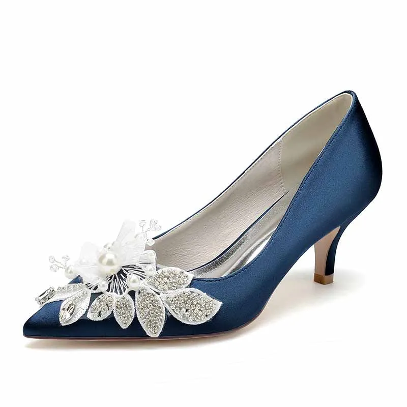 Women's Wedding Shoes Satin Kitten Heel Point Toe Wedding Heels Bridal Shoes Flower Pearl Rhinestone