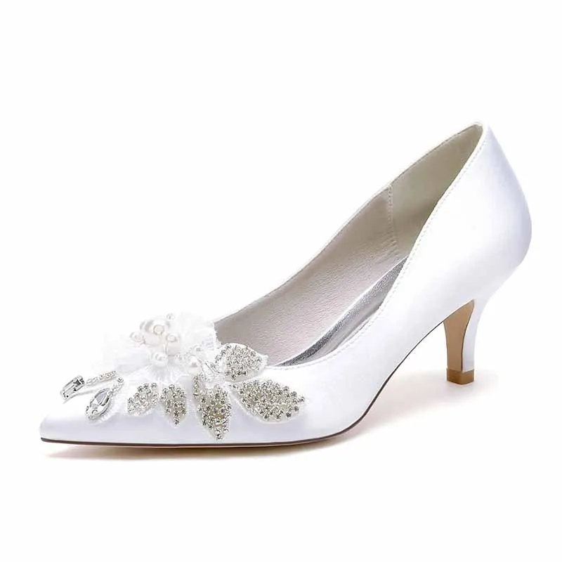Women's Wedding Shoes Satin Kitten Heel Point Toe Wedding Heels Bridal Shoes Flower Pearl Rhinestone
