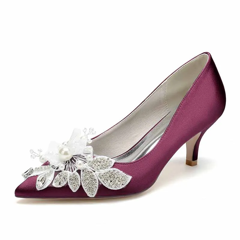 Women's Wedding Shoes Satin Kitten Heel Point Toe Wedding Heels Bridal Shoes Flower Pearl Rhinestone