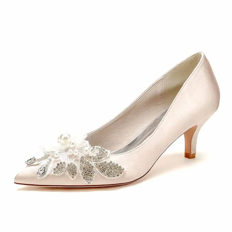 Women's Wedding Shoes Satin Kitten Heel Point Toe Wedding Heels Bridal Shoes Flower Pearl Rhinestone