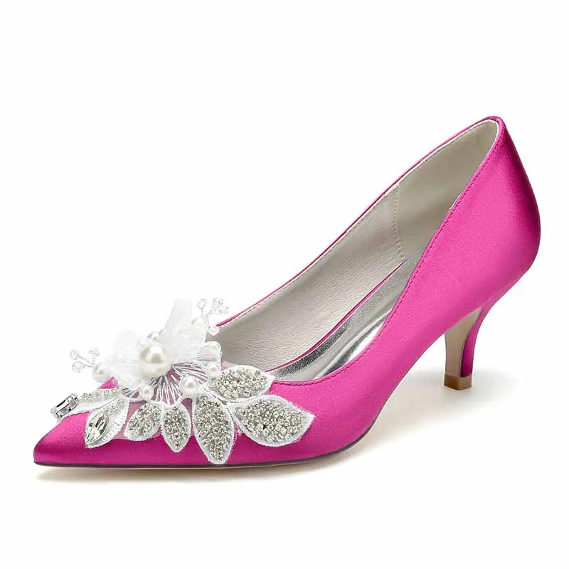 Women's Wedding Shoes Satin Kitten Heel Point Toe Wedding Heels Bridal Shoes Flower Pearl Rhinestone
