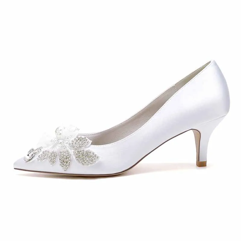 Women's Wedding Shoes Satin Kitten Heel Point Toe Wedding Heels Bridal Shoes Flower Pearl Rhinestone